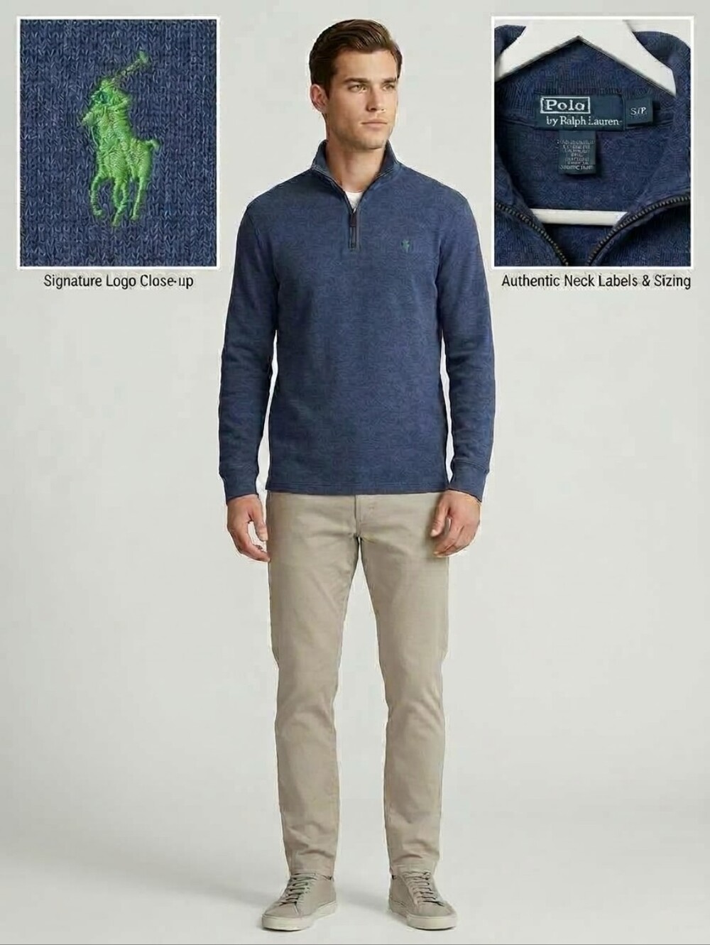 Polo Ralph Lauren S Blue Cotton Quarter Zip Pony Pullover Sweater Quiet Luxury